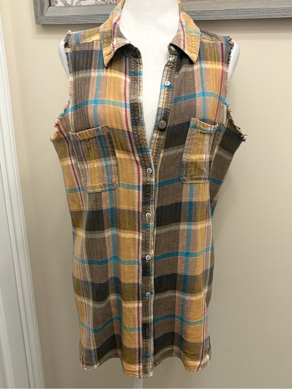 Gilded Intent Flannel Sleeveless Plaid Button-Up Shirt size Small - Picture 2 of 15